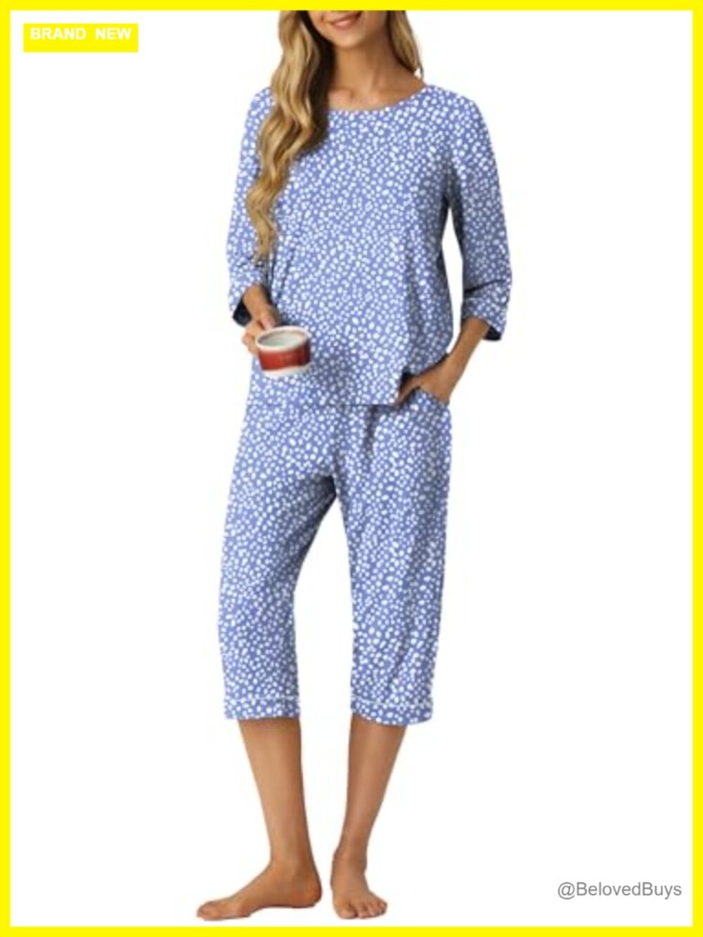 Women's 2 Piece Pajama Set 3/4 Sleeve Top Capri Pants Soft Lounge Sleepwear